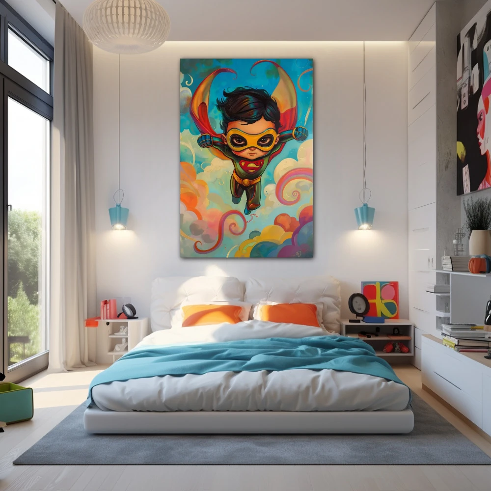 Cuadro guardián de sueños alados en formato vertical con colores azul, celeste, mostaza; decorando pared de dormitorio juvenil