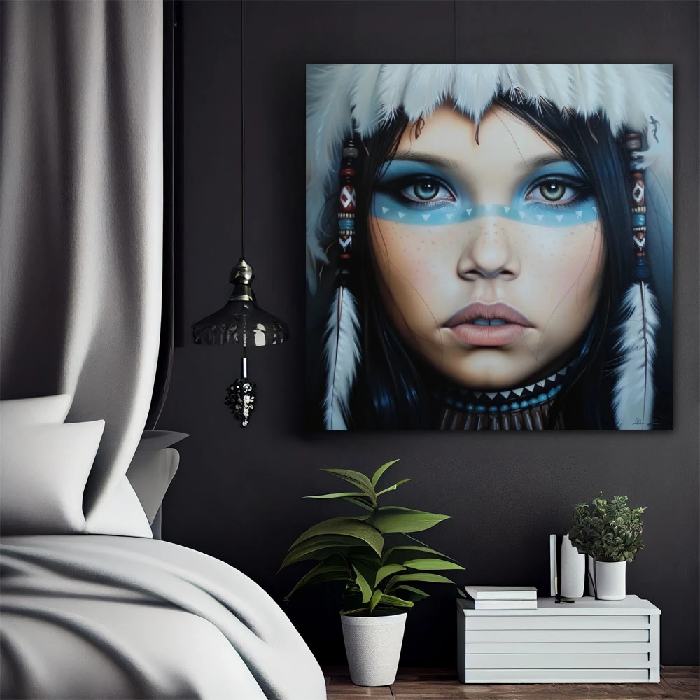 Cuadro retrato de un alma indómita en formato cuadrado con colores blanco, celeste, gris; decorando pared de habitación dormitorio