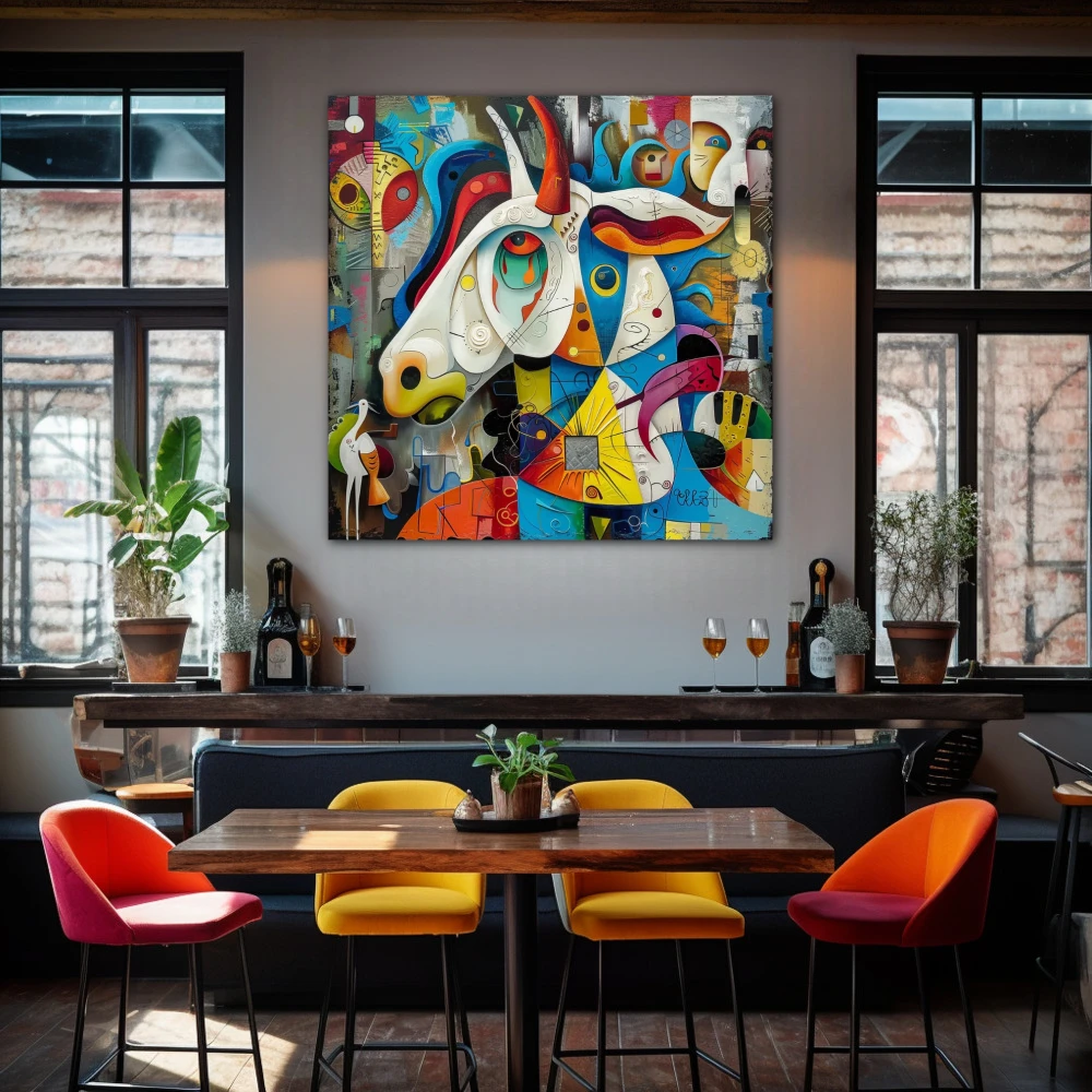 Wall Art titled: Carnival of the Psyche in a Square format with: Yellow, Blue, and Orange Colors; Decoration the Bar wall