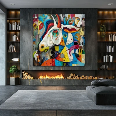 Wall Art titled: Carnival of the Psyche in a  format with: Yellow, Blue, and Orange Colors; Decoration the Fireplace wall