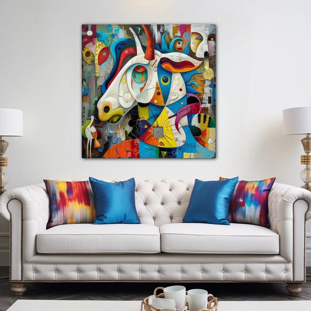Wall Art titled: Carnival of the Psyche in a Square format with: Yellow, Blue, and Orange Colors; Decoration the Above Couch wall