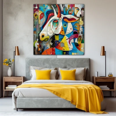 Wall Art titled: Carnival of the Psyche in a  format with: Yellow, Blue, and Orange Colors; Decoration the Bedroom wall