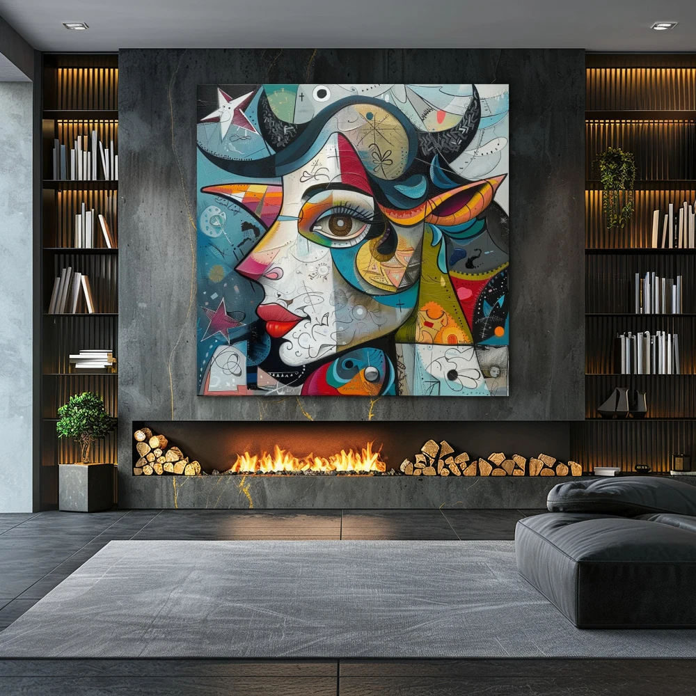 Wall Art titled: Psychic Harlequin in a Square format with: Sky blue, Grey, and Orange Colors; Decoration the Fireplace wall