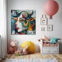 Cuadro Arlequín Psíquico en formato cuadrado con colores Celeste, Gris, Naranja; Decorando pared de Dormitorio Infantil