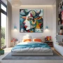 Cuadro Arlequín Psíquico en formato cuadrado con colores Celeste, Gris, Naranja; Decorando pared de Dormitorio Juvenil
