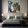 Wall Art titled: Psychic Harlequin in a Square format with: Sky blue, Grey, and Orange Colors; Decoration the Bedroom wall
