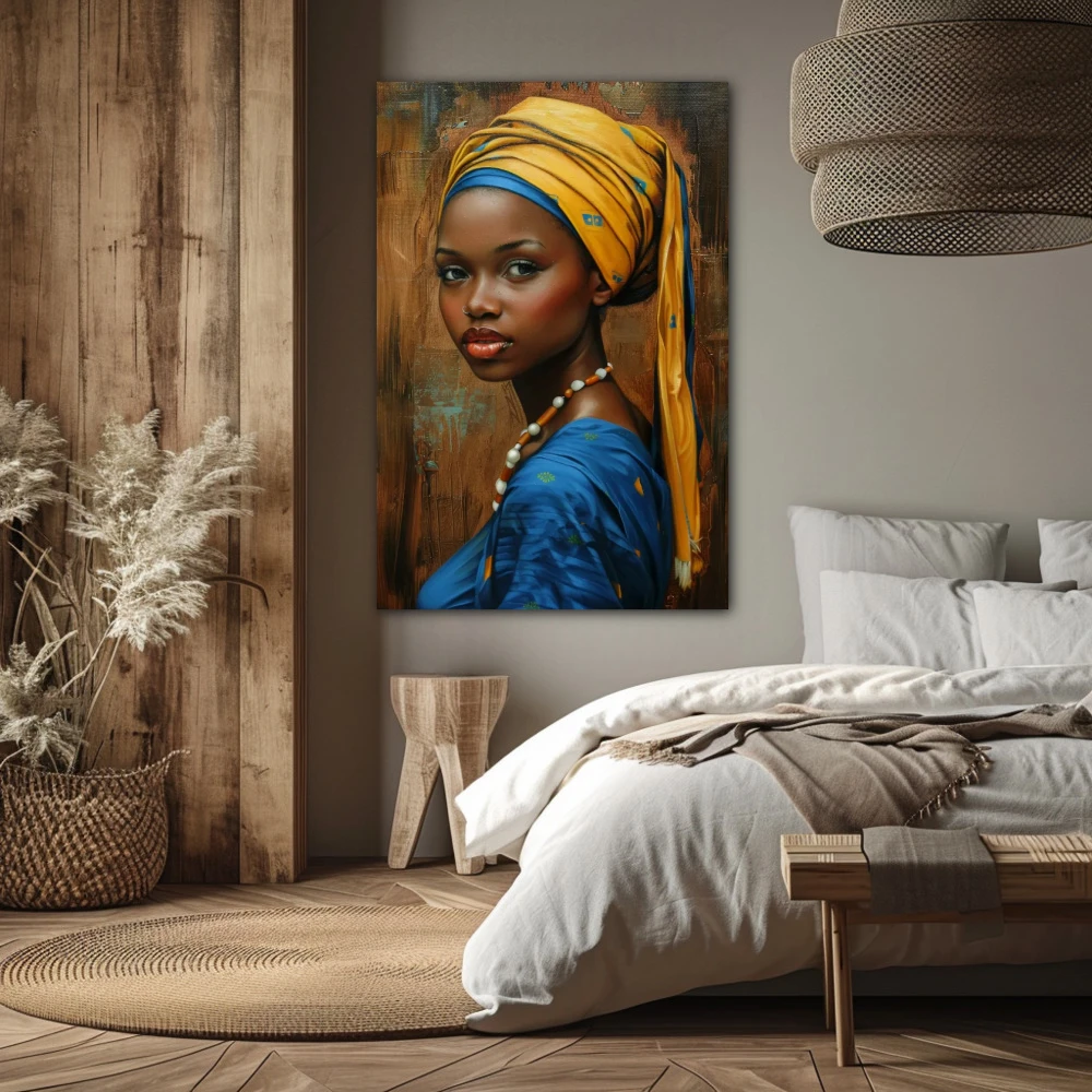 Wall Art titled: Enchanted Essence in a Vertical format with: Yellow, and Blue Colors; Decoration the Bedroom wall