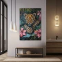 Wall Art titled: The Vigil of the Jaguar in a Vertical format with: Pink, Green, and Pastel Colors; Decoration the Bathroom wall