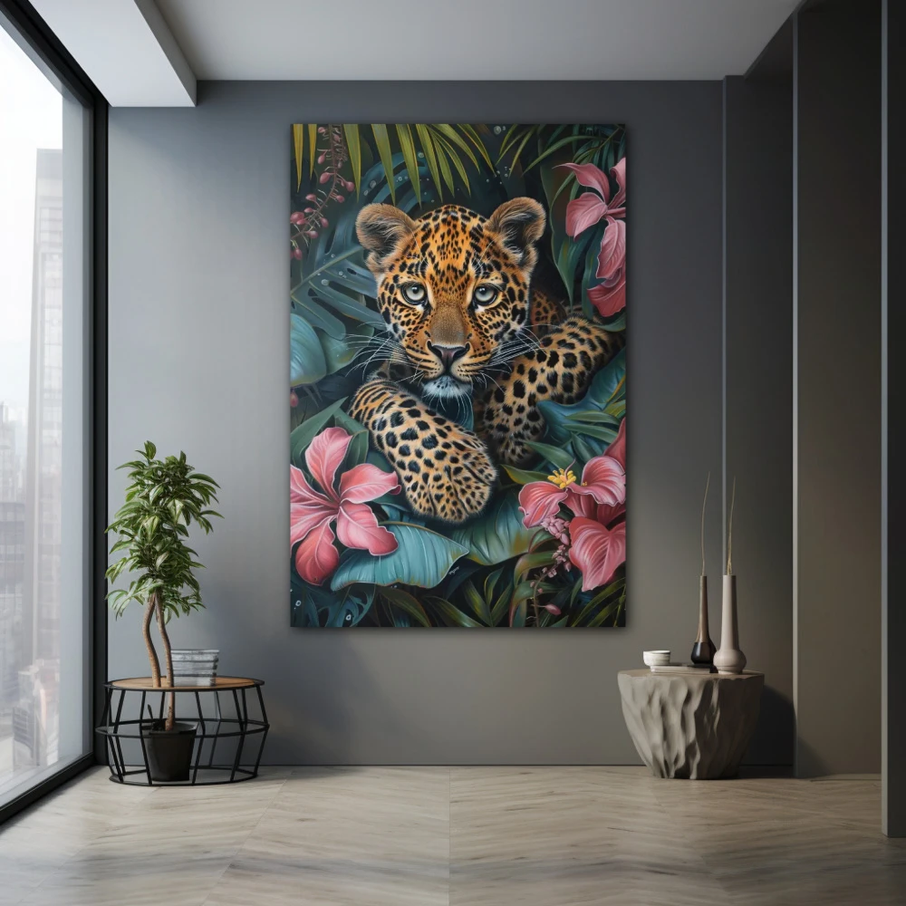 Cuadro la vigilia del jaguar en formato vertical con colores rosa, verde, pastel; decorando pared gris