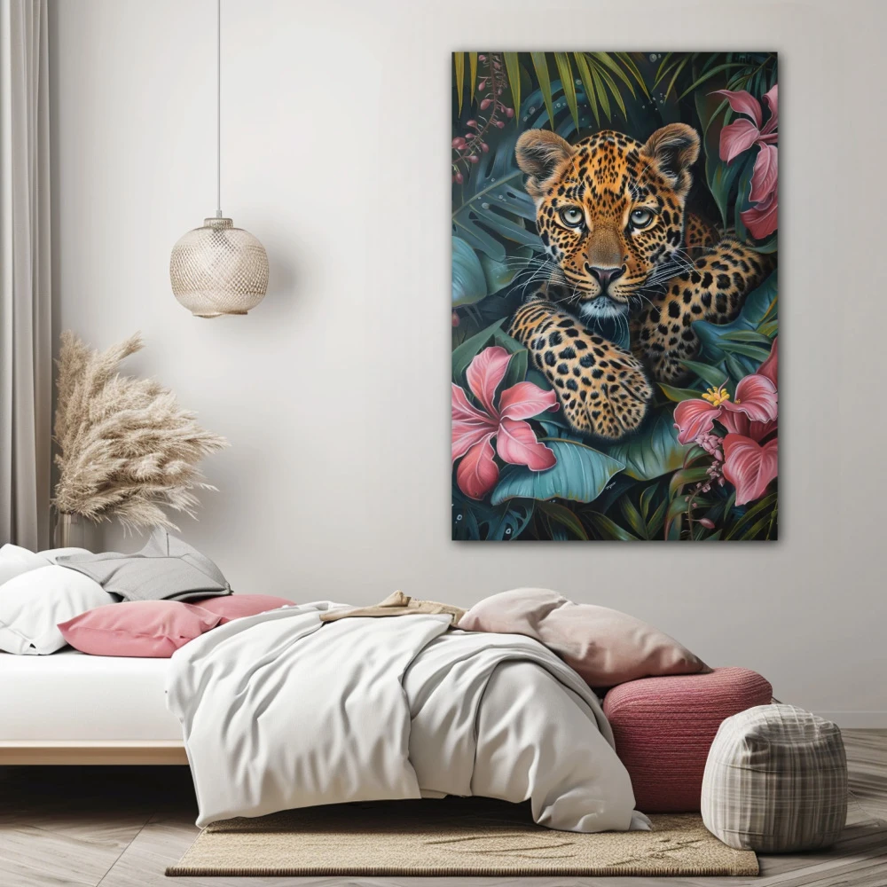Cuadro la vigilia del jaguar en formato vertical con colores rosa, verde, pastel; decorando pared de habitación dormitorio