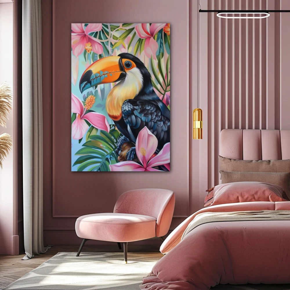 Cuadro amanecer en el edén en formato vertical con colores rosa, pastel, vivos; decorando pared de habitación dormitorio
