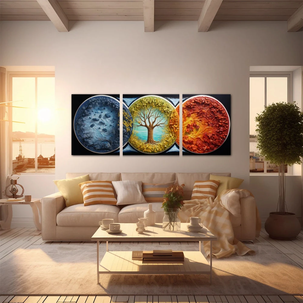Wall Art titled: The Vibrant Seasons in a Elongated format with: Yellow, Blue, and Orange Colors; Decoration the Apartamento en la playa wall