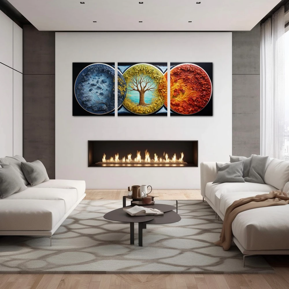 Wall Art titled: The Vibrant Seasons in a Elongated format with: Yellow, Blue, and Orange Colors; Decoration the Fireplace wall