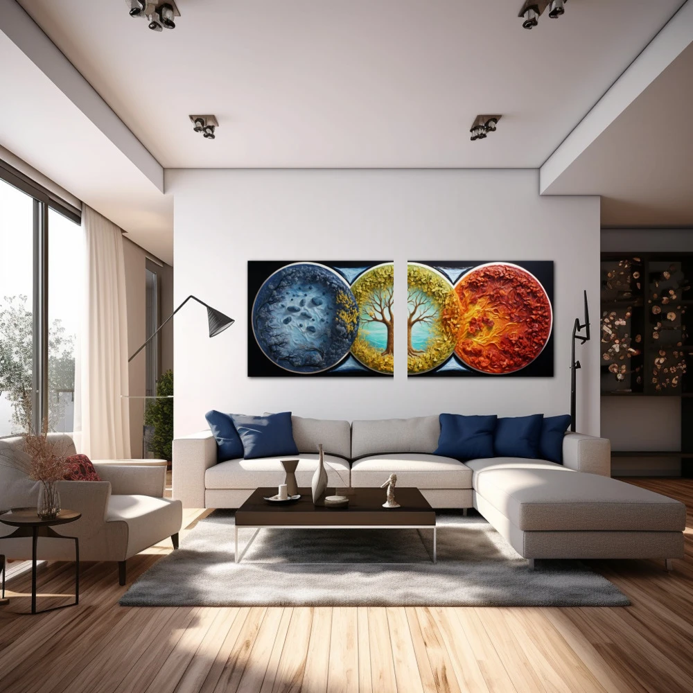 Wall Art titled: The Vibrant Seasons in a Elongated format with: Yellow, Blue, and Orange Colors; Decoration the Above Couch wall
