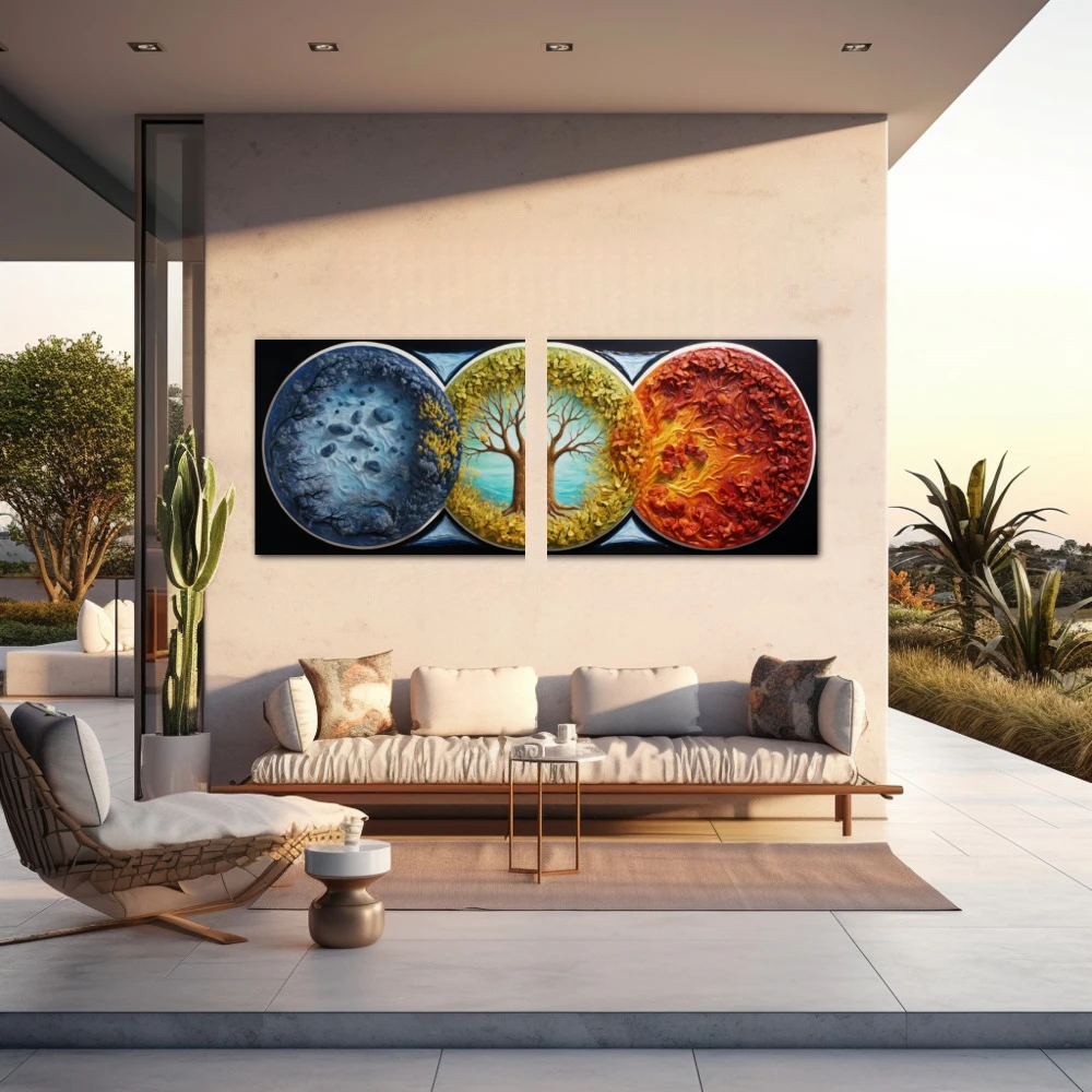 Wall Art titled: The Vibrant Seasons in a Elongated format with: Yellow, Blue, and Orange Colors; Decoration the Outdoor wall