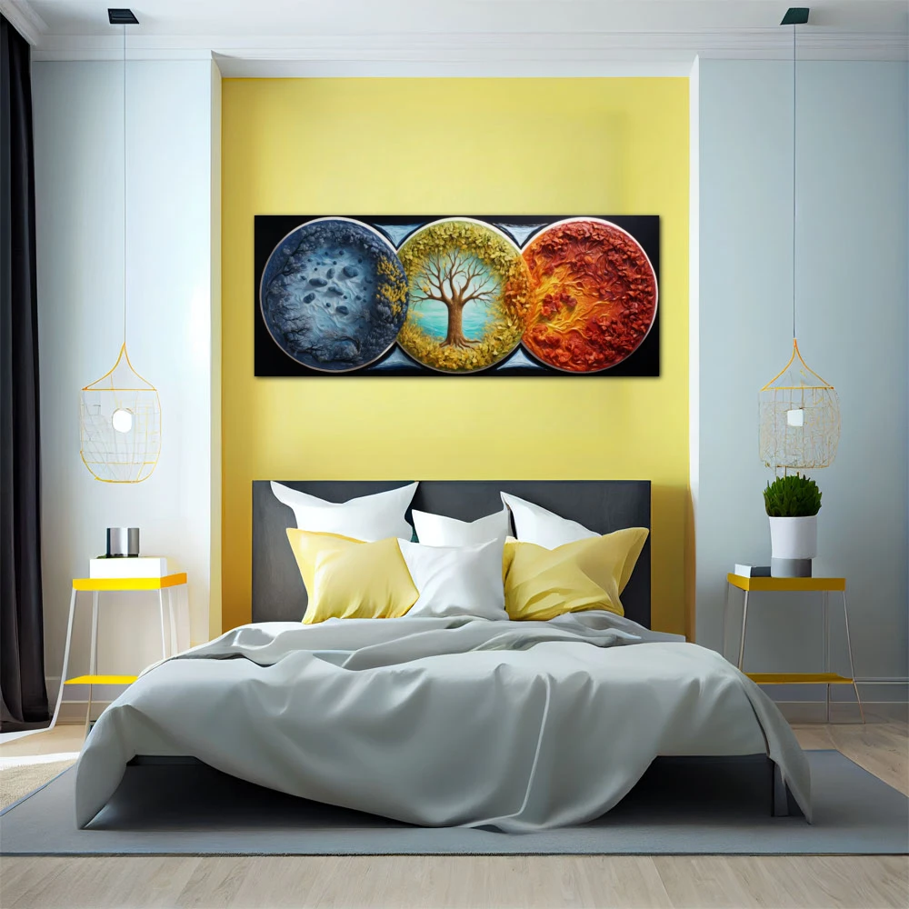 Cuadro las estaciones vibrantes en formato apaisado con colores amarillo, azul, naranja; decorando pared de habitación dormitorio