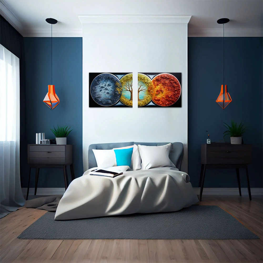 Wall Art titled: The Vibrant Seasons in a Elongated format with: Yellow, Blue, and Orange Colors; Decoration the Bedroom wall