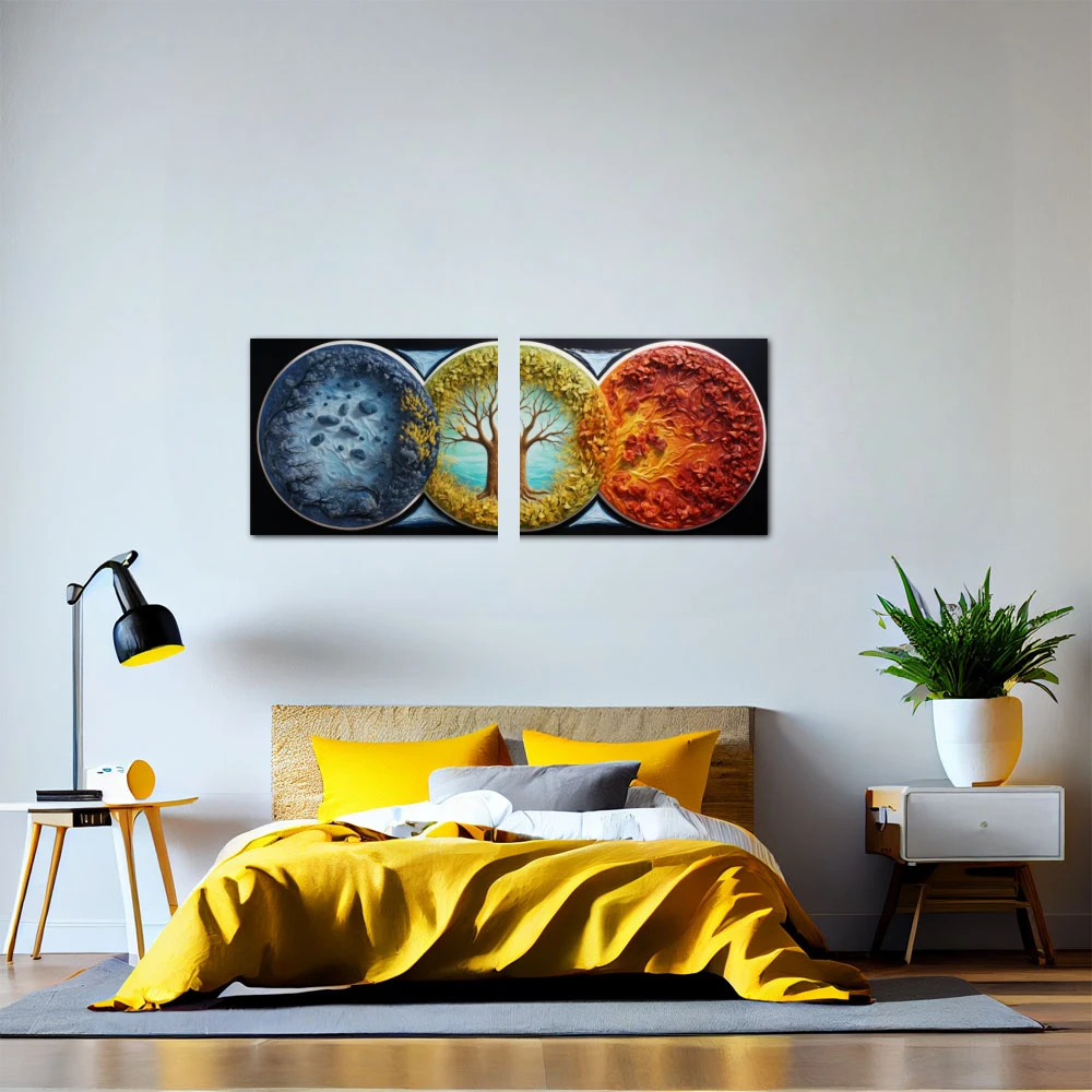 Wall Art titled: The Vibrant Seasons in a Elongated format with: Yellow, Blue, and Orange Colors; Decoration the Bedroom wall