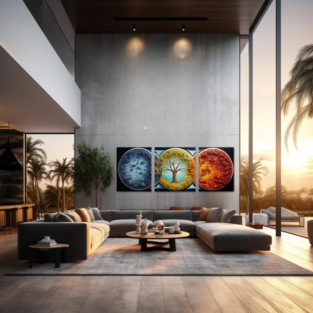Wall Art titled: The Vibrant Seasons in a Elongated format with: Yellow, Blue, and Orange Colors; Decoration the Living Room wall