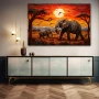 Wall Art titled: Pachyderms on the Savannah in a Horizontal format with: Yellow, Brown, and Red Colors; Decoration the Sideboard wall