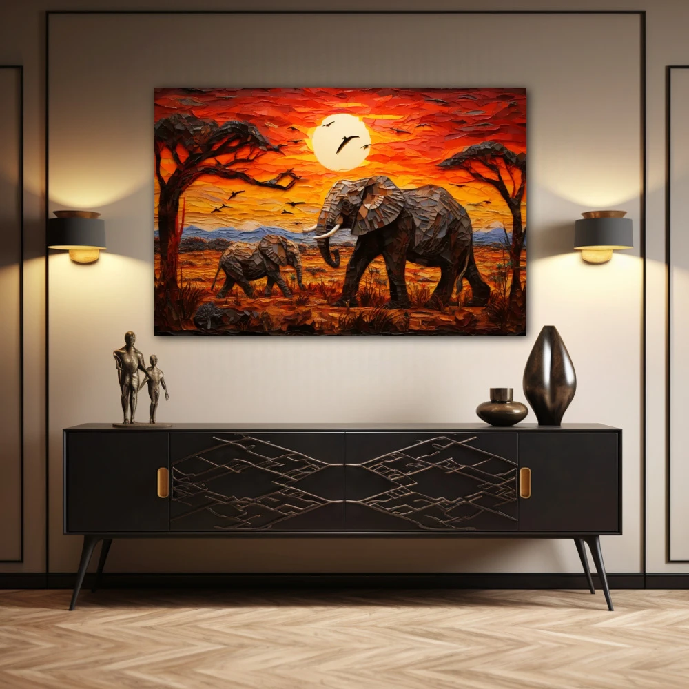 Wall Art titled: Pachyderms on the Savannah in a Horizontal format with: Yellow, Brown, and Red Colors; Decoration the Sideboard wall