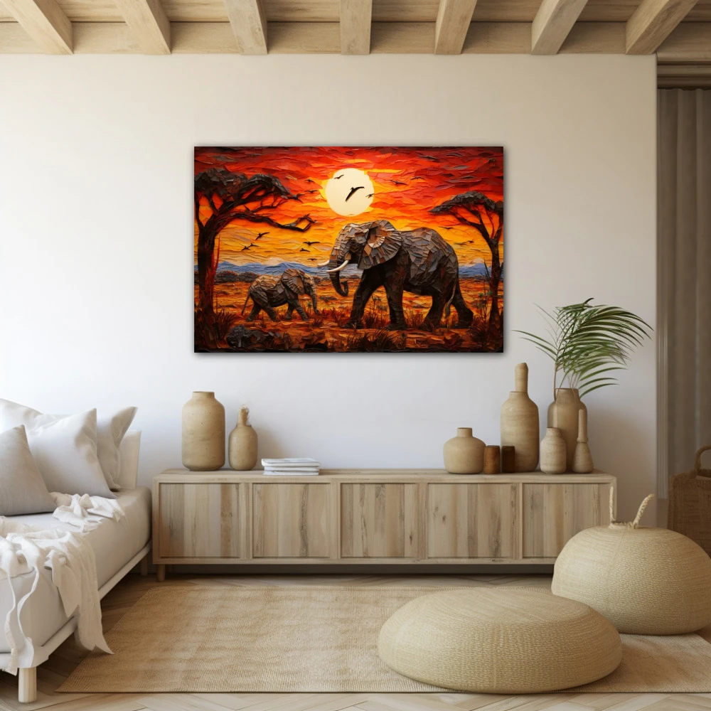 Wall Art titled: Pachyderms on the Savannah in a Horizontal format with: Yellow, Brown, and Red Colors; Decoration the Beige Wall wall