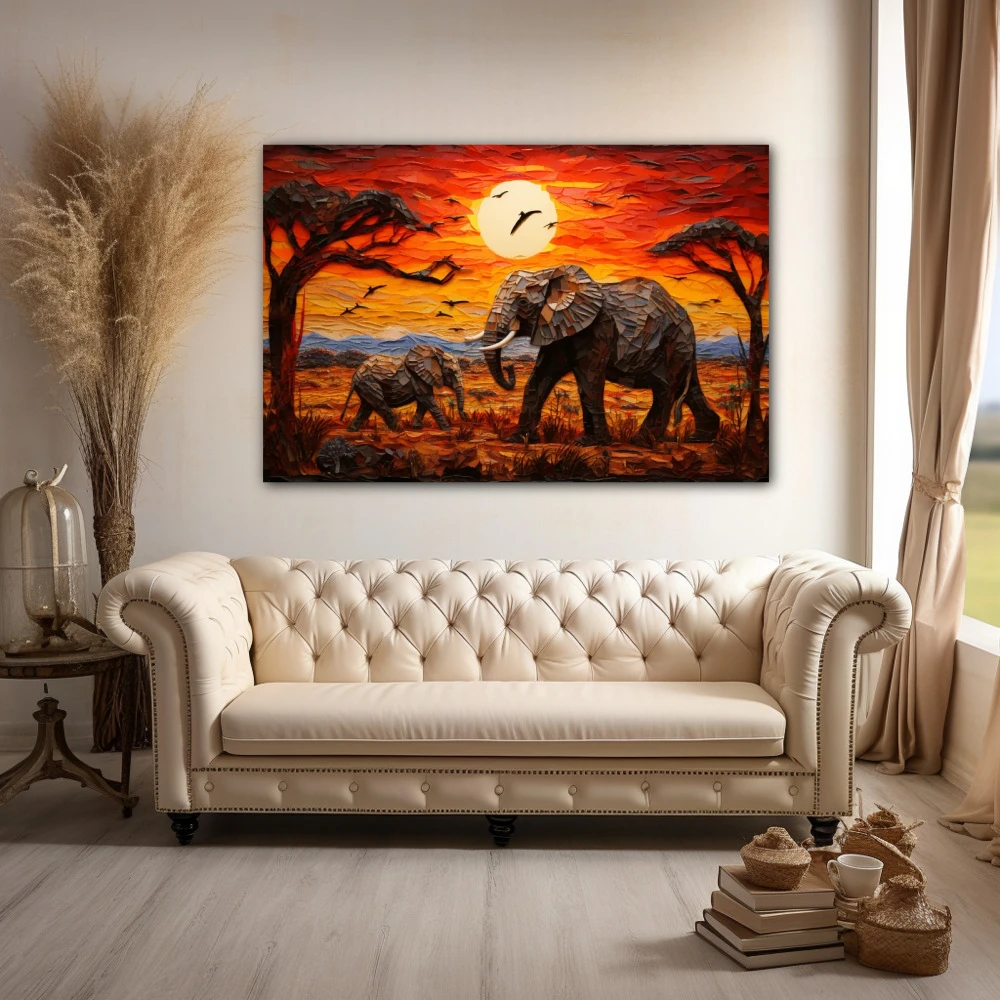 Wall Art titled: Pachyderms on the Savannah in a Horizontal format with: Yellow, Brown, and Red Colors; Decoration the Above Couch wall