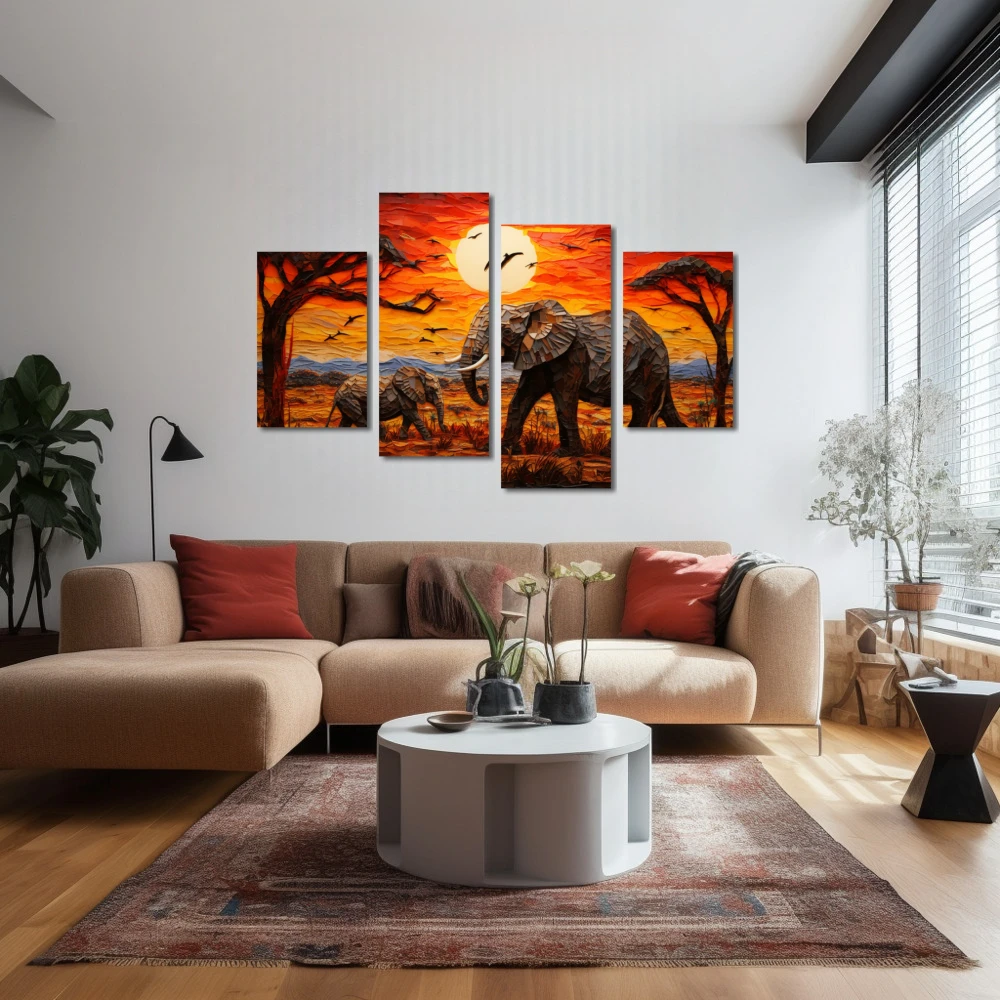 Wall Art titled: Pachyderms on the Savannah in a Horizontal format with: Yellow, Brown, and Red Colors; Decoration the Above Couch wall
