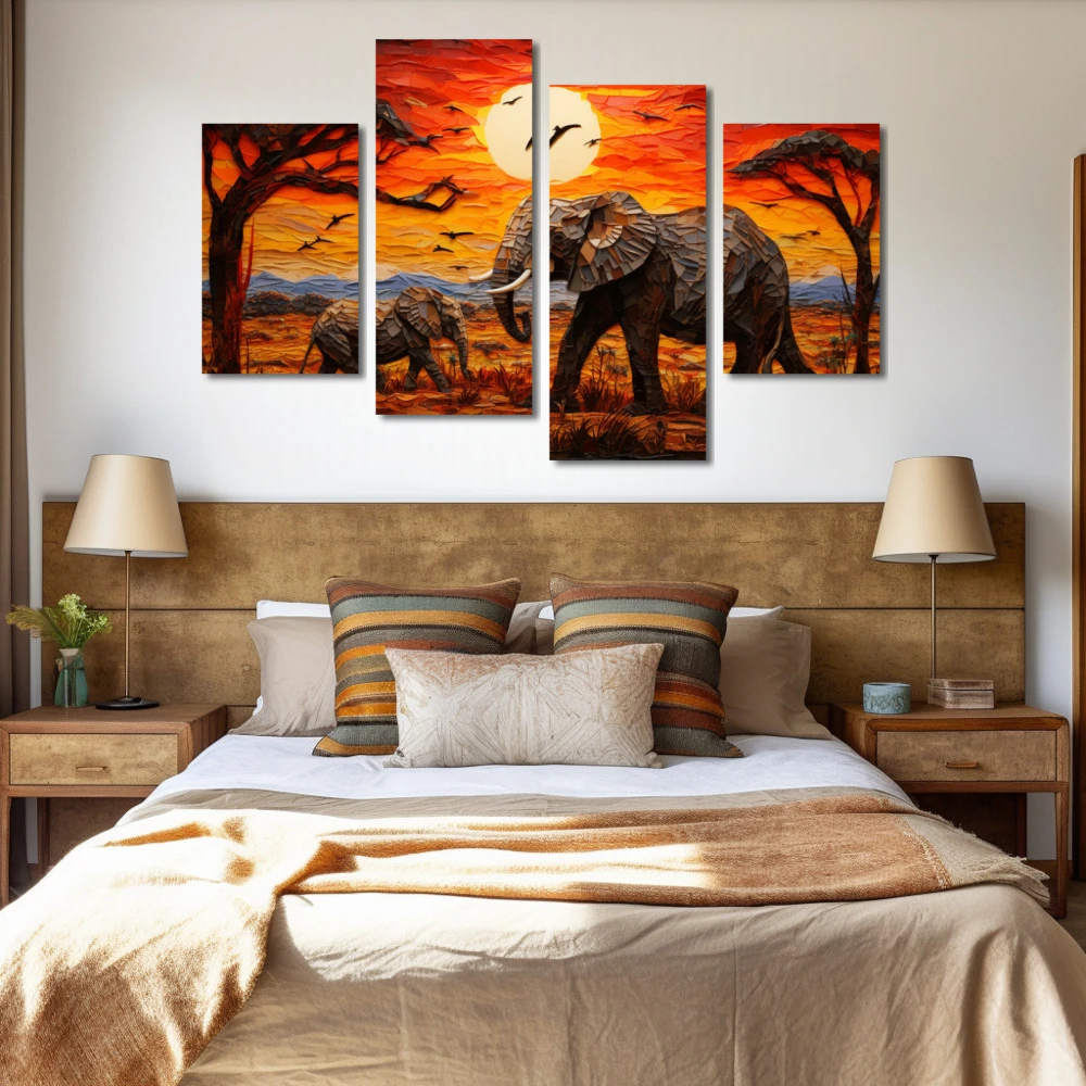 Wall Art titled: Pachyderms on the Savannah in a Horizontal format with: Yellow, Brown, and Red Colors; Decoration the Bedroom wall