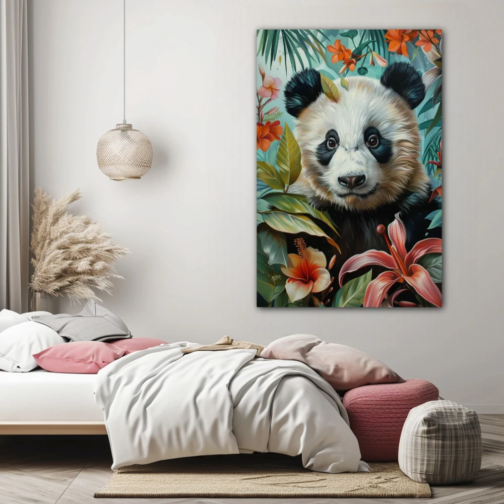 Cuadro tropical panda charm en formato vertical con colores celeste, pastel; decorando pared de habitación dormitorio