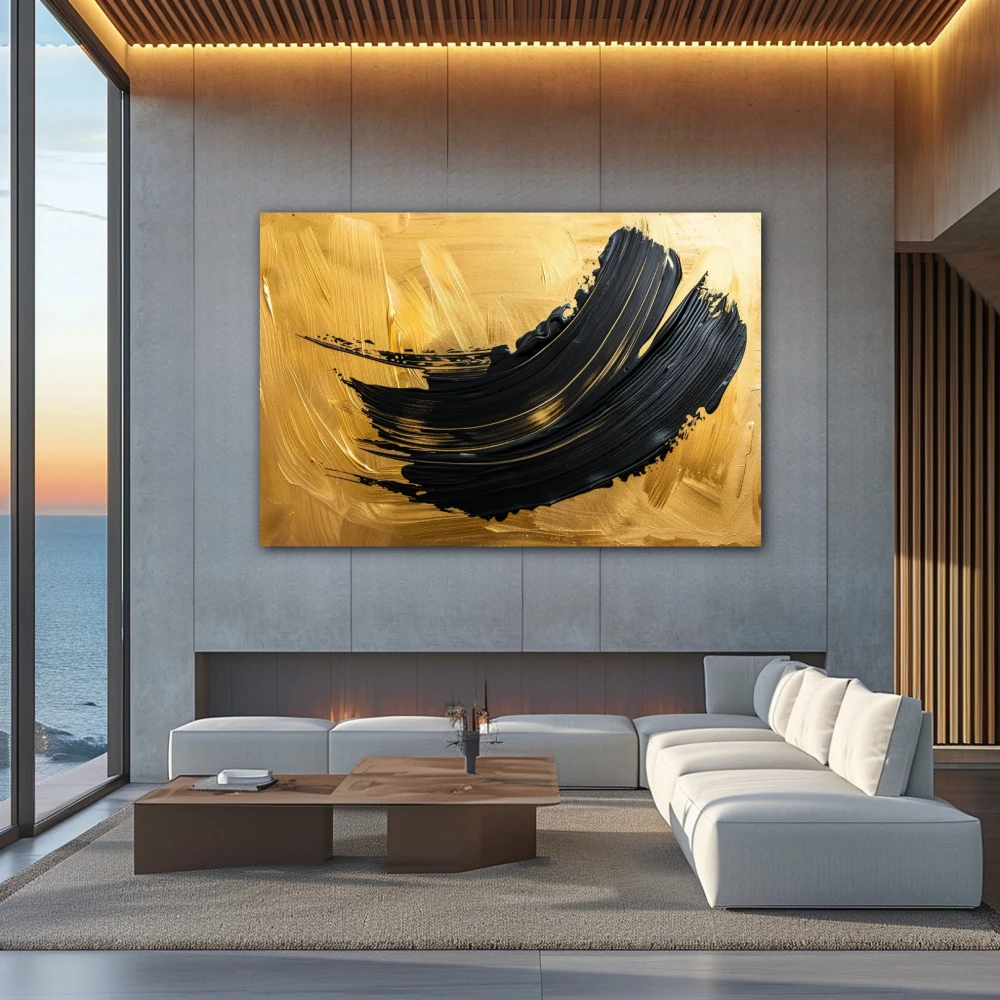 Wall Art titled: Curves of Destiny in a Horizontal format with: Golden, and Black Colors; Decoration the Above Couch wall