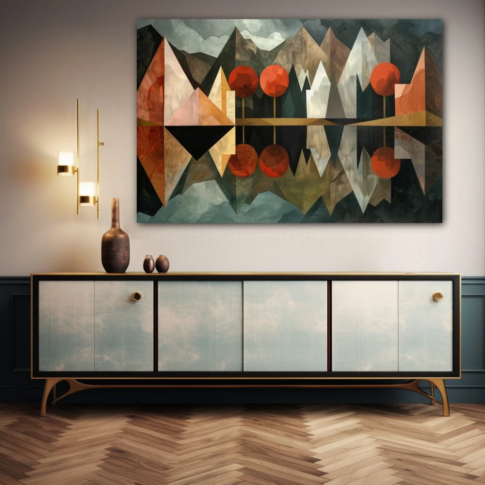 Wall Art titled: Polyhedral Mirage in a Horizontal format with: Grey, Brown, and Red Colors; Decoration the Sideboard wall