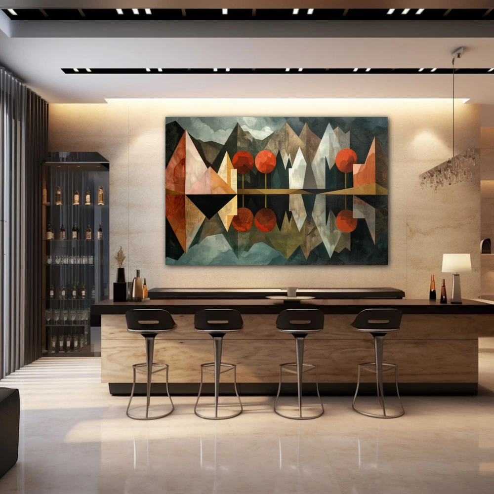 Wall Art titled: Polyhedral Mirage in a Horizontal format with: Grey, Brown, and Red Colors; Decoration the Bar wall
