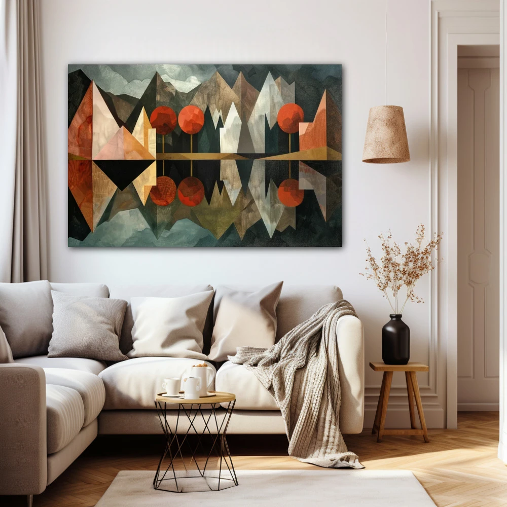 Wall Art titled: Polyhedral Mirage in a Horizontal format with: Grey, Brown, and Red Colors; Decoration the Beige Wall wall