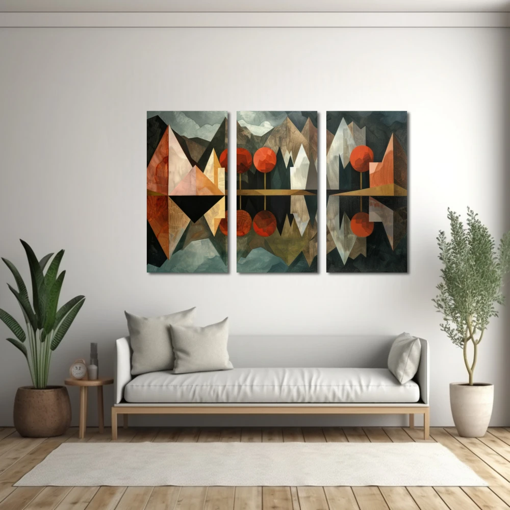 Wall Art titled: Polyhedral Mirage in a Horizontal format with: Grey, Brown, and Red Colors; Decoration the White Wall wall