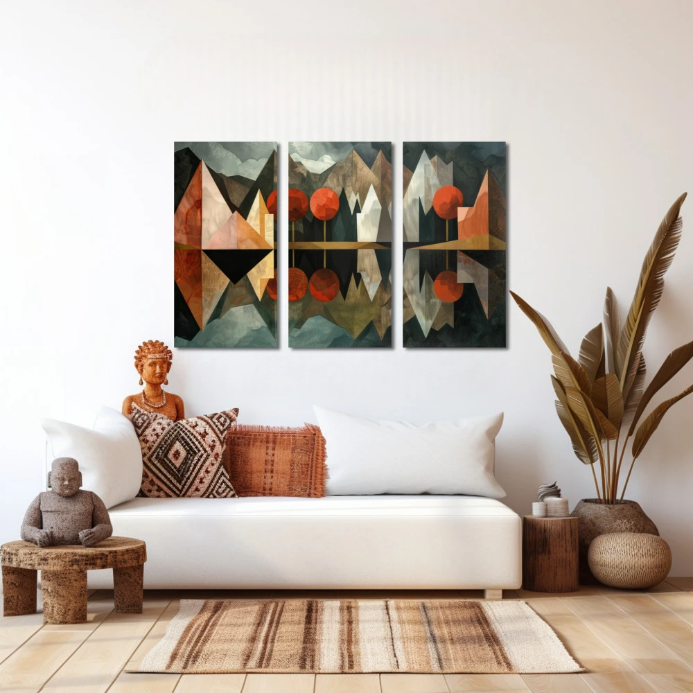 Wall Art titled: Polyhedral Mirage in a Horizontal format with: Grey, Brown, and Red Colors; Decoration the White Wall wall