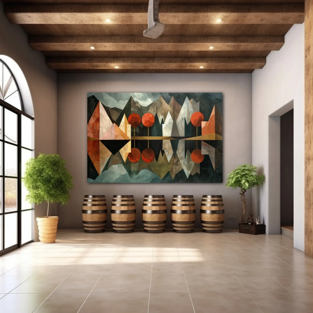 Wall Art titled: Polyhedral Mirage in a Horizontal format with: Grey, Brown, and Red Colors; Decoration the Winery wall