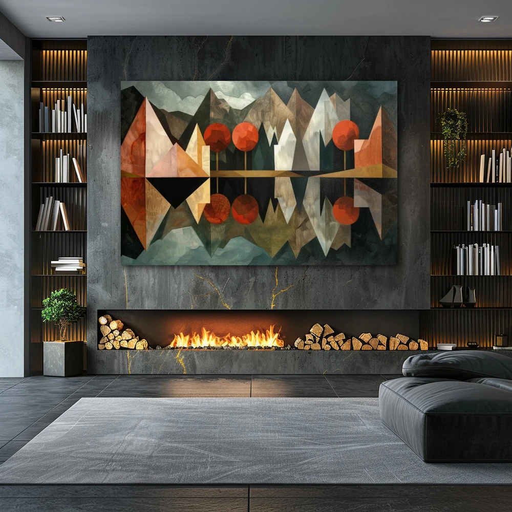 Wall Art titled: Polyhedral Mirage in a Horizontal format with: Grey, Brown, and Red Colors; Decoration the Fireplace wall