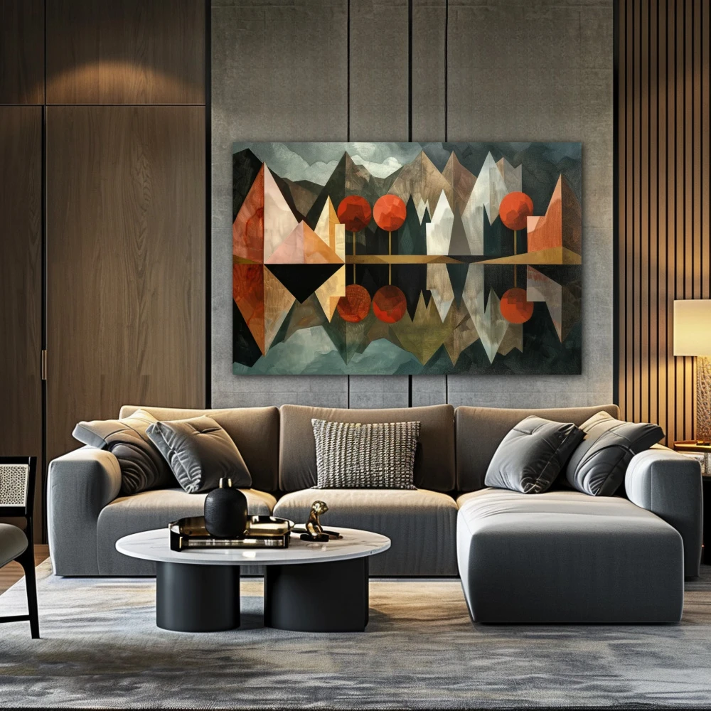 Cuadro espejismo poliédrico en formato horizontal con colores gris, marrón, rojo; decorando pared de encima del sofá
