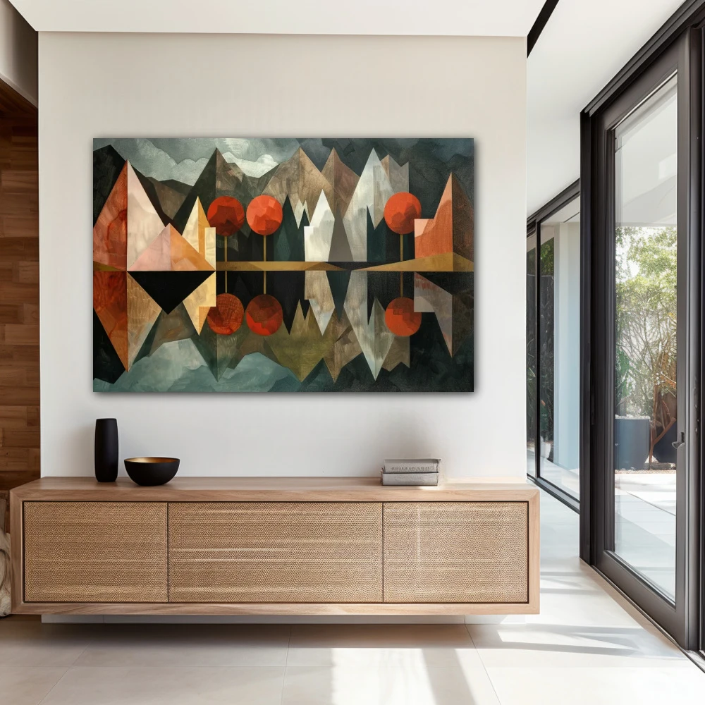 Cuadro espejismo poliédrico en formato horizontal con colores gris, marrón, rojo; decorando pared de entrada y recibidor
