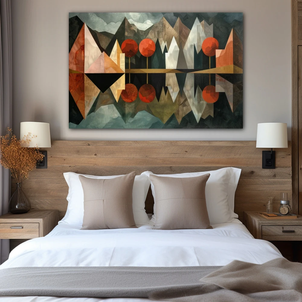 Cuadro espejismo poliédrico en formato horizontal con colores gris, marrón, rojo; decorando pared de habitación dormitorio