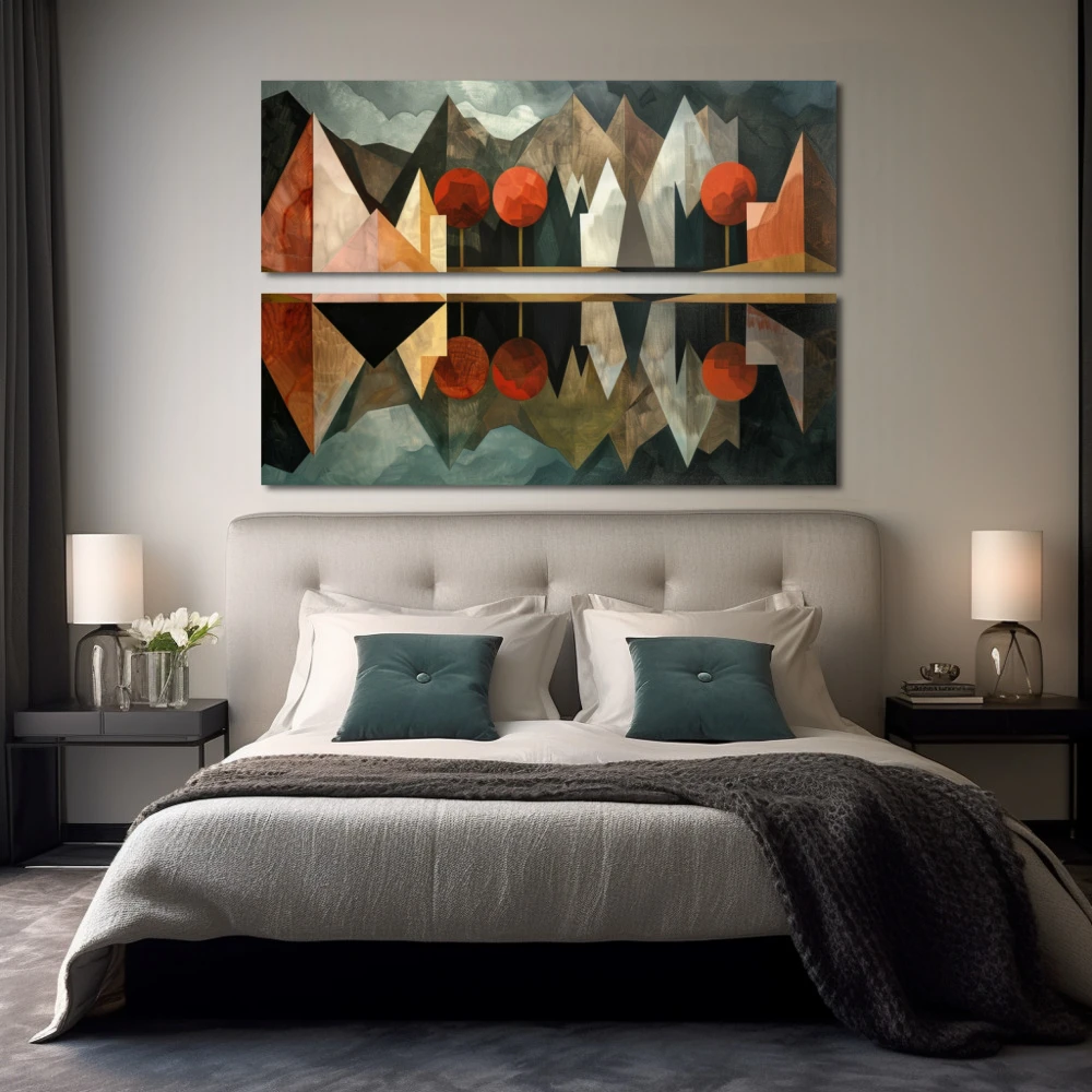 Wall Art titled: Polyhedral Mirage in a Horizontal format with: Grey, Brown, and Red Colors; Decoration the Bedroom wall