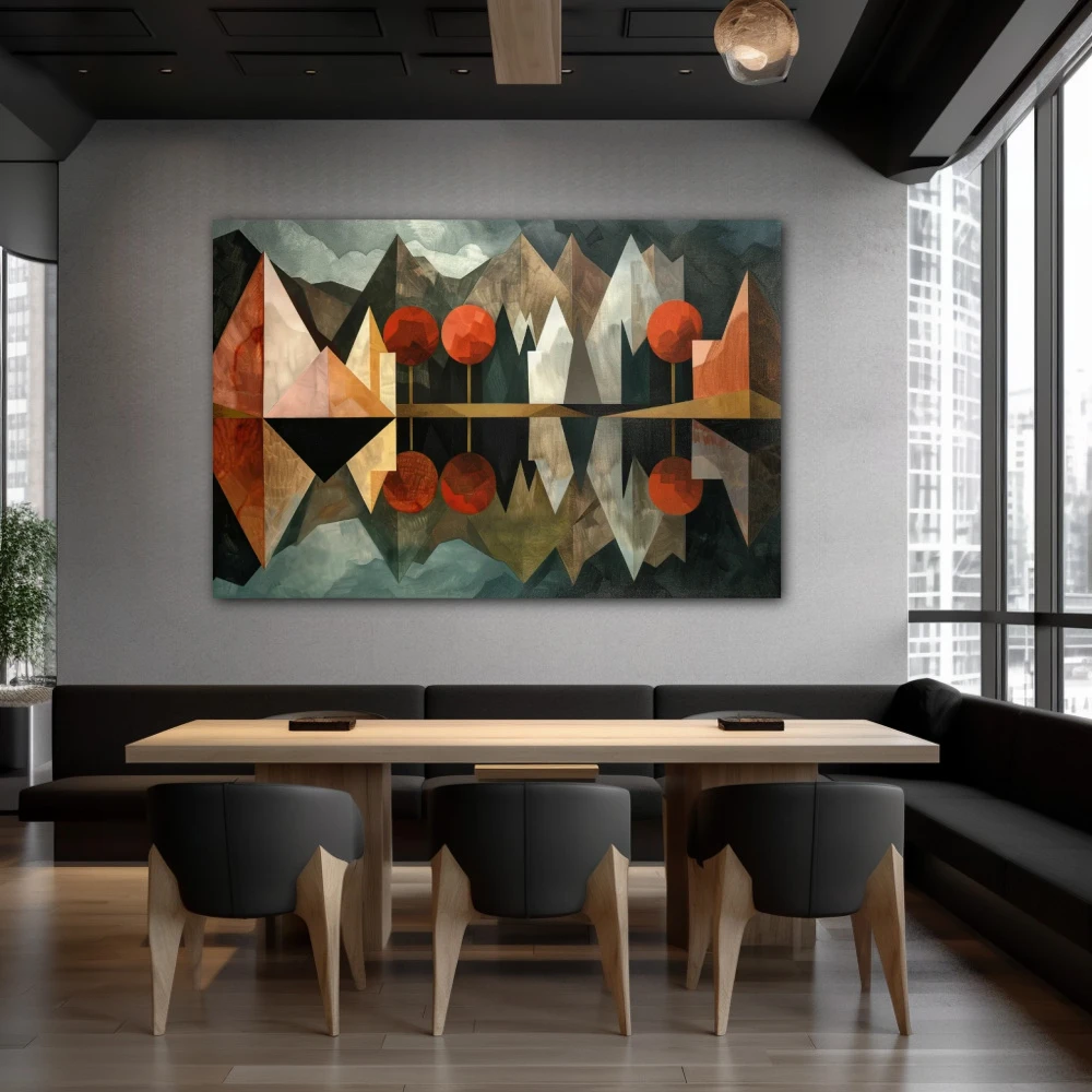 Cuadro espejismo poliédrico en formato horizontal con colores gris, marrón, rojo; decorando pared de restaurante
