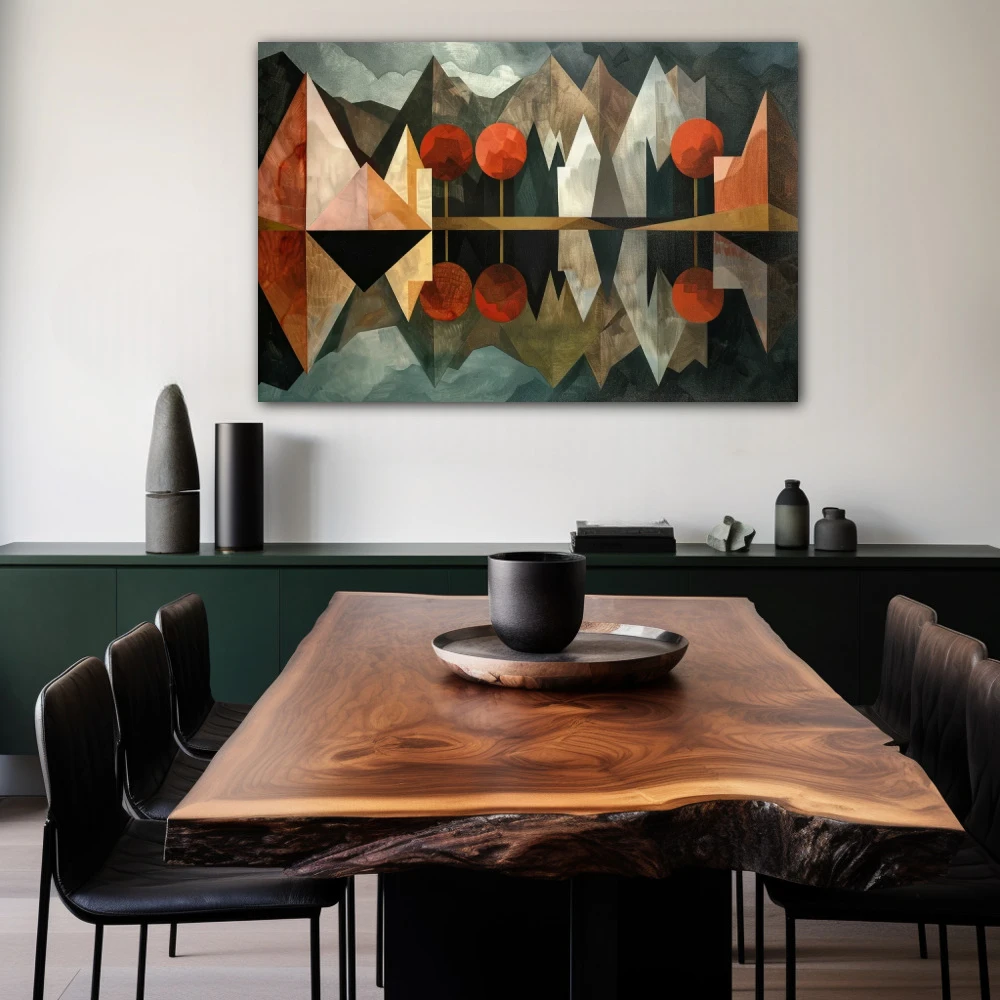 Cuadro espejismo poliédrico en formato horizontal con colores gris, marrón, rojo; decorando pared de salón comedor