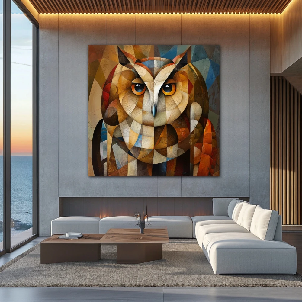 Wall Art titled: Guardian of Secrets in a Square format with: Brown, and Beige Colors; Decoration the Above Couch wall