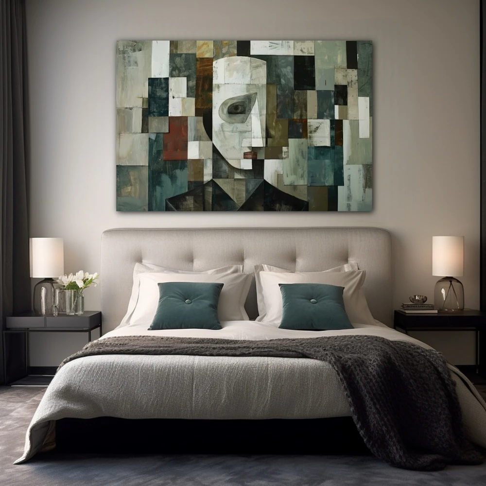Cuadro velo del introvertido en formato horizontal con colores gris, monocromático; decorando pared de habitación dormitorio