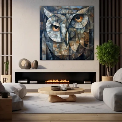 Wall Art titled: Guardian of Geometry in a  format with: Golden, and Grey Colors; Decoration the Fireplace wall