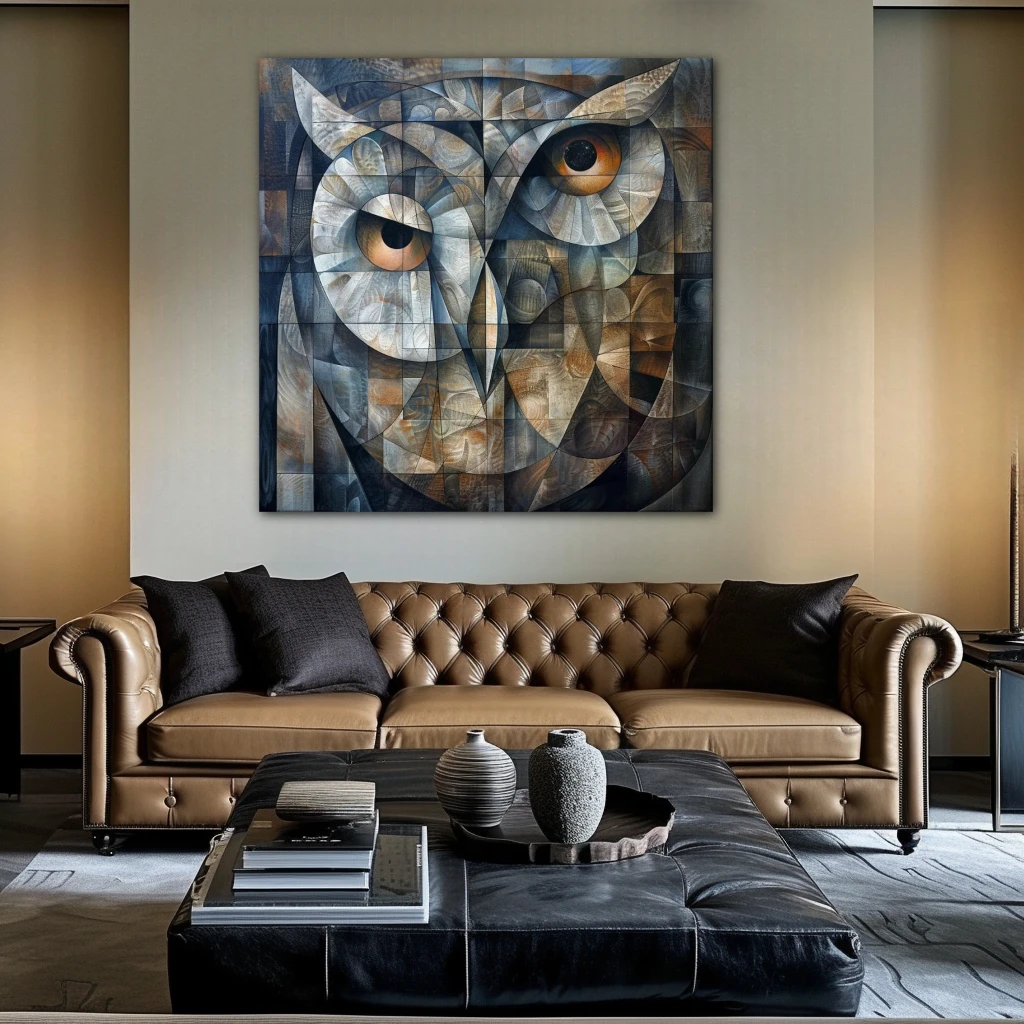 Cuadro guardián de la geometría en formato cuadrado con colores dorado, gris; decorando pared de encima del sofá