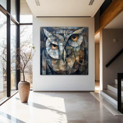 Wall Art titled: Guardian of Geometry in a Square format with: Golden, and Grey Colors; Decoration the Entryway wall