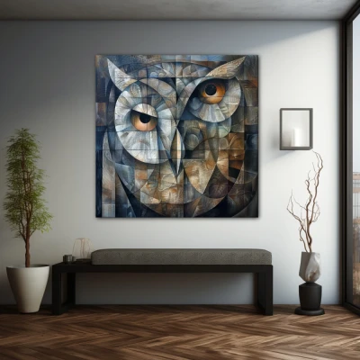 Wall Art titled: Guardian of Geometry in a Square format with: Golden, and Grey Colors; Decoration the Grey Walls wall